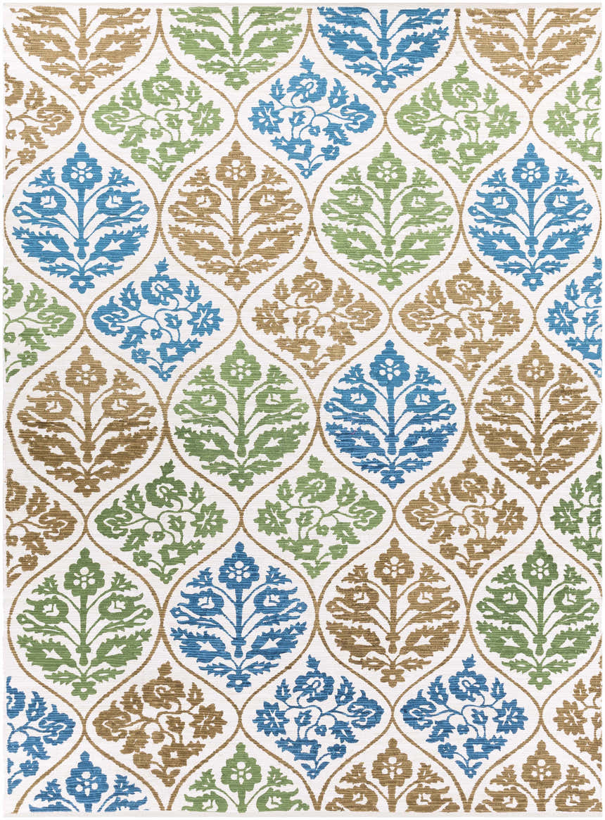 Close-up of Arecibo Clearance Rug. Hand-woven cotton rug with a blue, green, and tan floral trellis pattern on white. Design-Rectangle-811