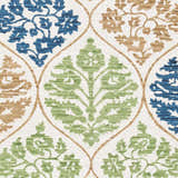 Close-up of Arecibo Clearance Rug showing blue, green, and tan floral design on a white cotton, hand woven background. Swatch