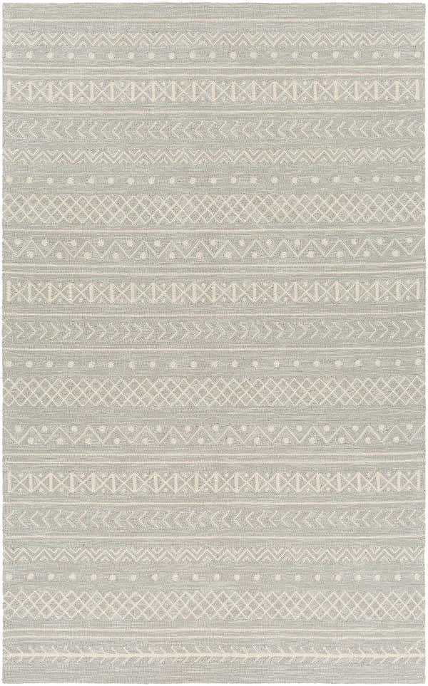 Close-up of Argenton Area Rug. Hand-hooked rug with cream and light gray geometric pattern. Contemporary style. Design-Rectangle-58