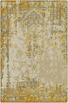 Close-up of the hand-knotted Argos Carpet. Traditional rug with a distressed yellow, ivory, and gray geometric pattern. 100% wool. Design-Rectangle-58