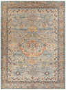 Close-up of the hand-knotted Aripeka Area Rug. Bohemian style with beige, blue, and camel colors in a traditional pattern. Design-Rectangle-811