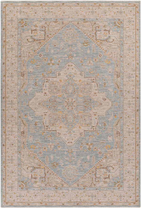 Close-up of Arjun Thick Luxe Area Rug with amber, olive, taupe, and gray traditional farmhouse design. Design-Rectangle-6796