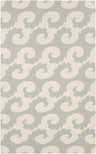 Close-up of the Arkoma Area Rug. Dusty sage swirls on an ivory wool, hand-woven rug. Contemporary style. Design-Rectangle-58
