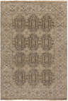 Close-up of the Arlington Area Carpet. Hand-knotted wool rug in beige, charcoal, denim, and slate with a traditional farmhouse pattern. Design-Rectangle-5686