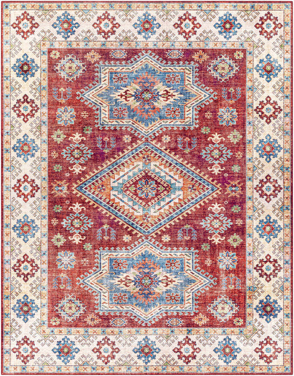 Detailed Armadale Clearance Rug with a red, blue, and cream Bohemian-style geometric pattern. Design-Rectangle-7696