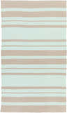 Close-up of the Arverne Area Rug, a hand woven rug with seafoam and tan horizontal stripes. Design-Rectangle-58