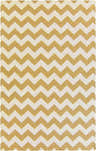 Close-up of the Arvada Area Rug. Hand woven wool rug with a cream and mustard chevron pattern. Contemporary, farmhouse style. Design-Rectangle-58