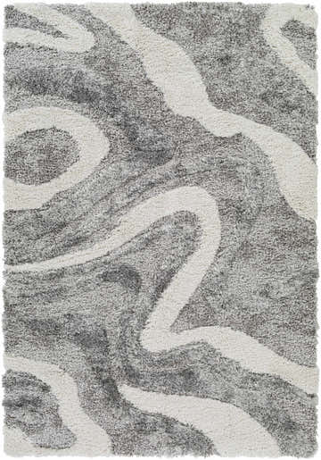 Close-up of the Asfordby Gray Canyon Plush Rug. Shag rug with a contemporary gray and off-white swirl pattern. Design-Rectangle-537