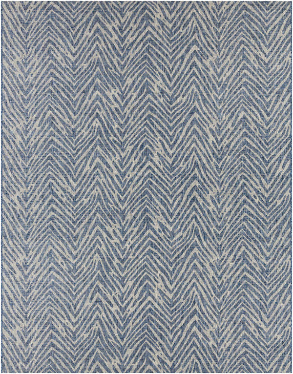 Close-up of the Ashcamp Area Rug. Coastal style rug with a blue and taupe chevron pattern. Contemporary design. Design-Rectangle-710103