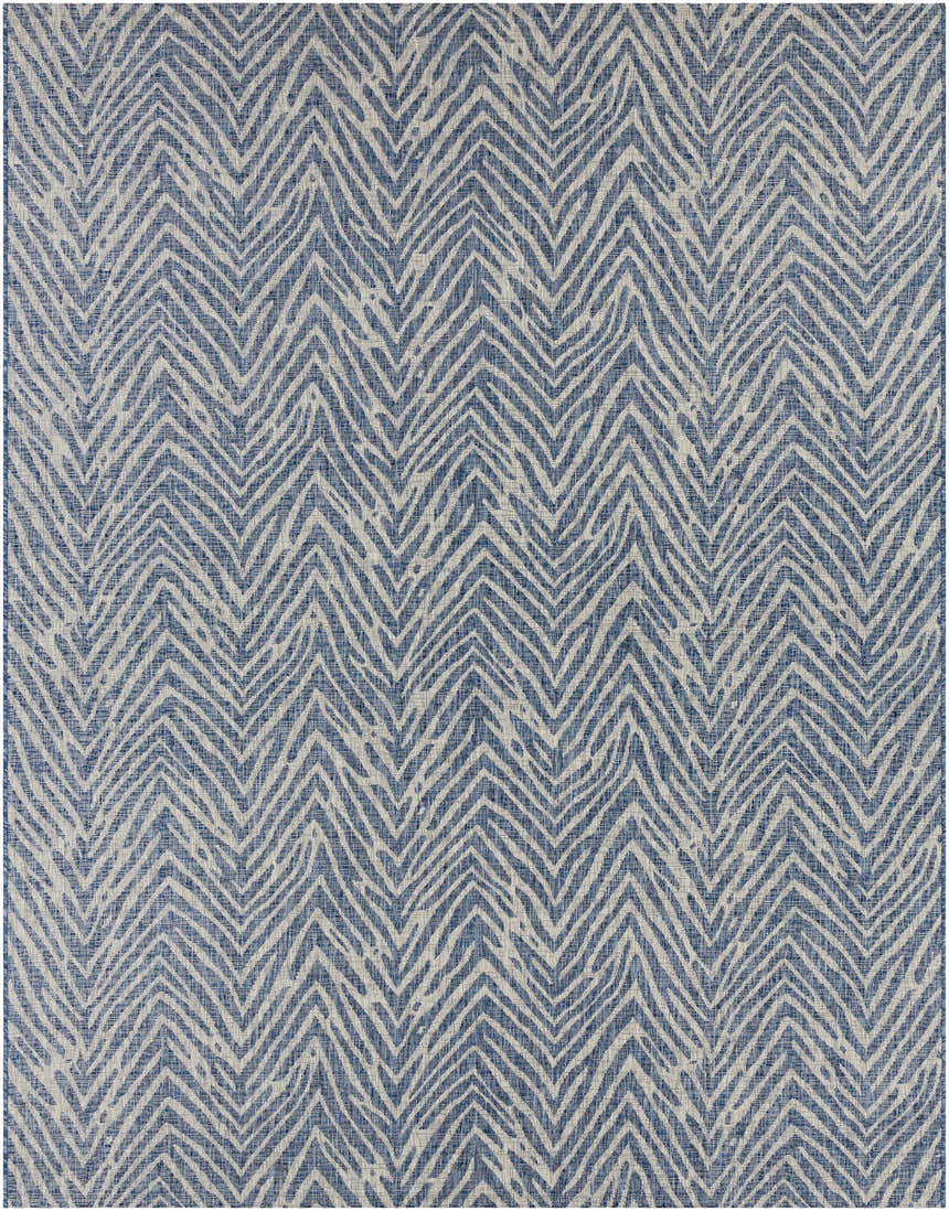 Close-up of the Ashcamp Area Rug. Coastal style rug with a blue and taupe chevron pattern. Contemporary design. Design-Rectangle-710103