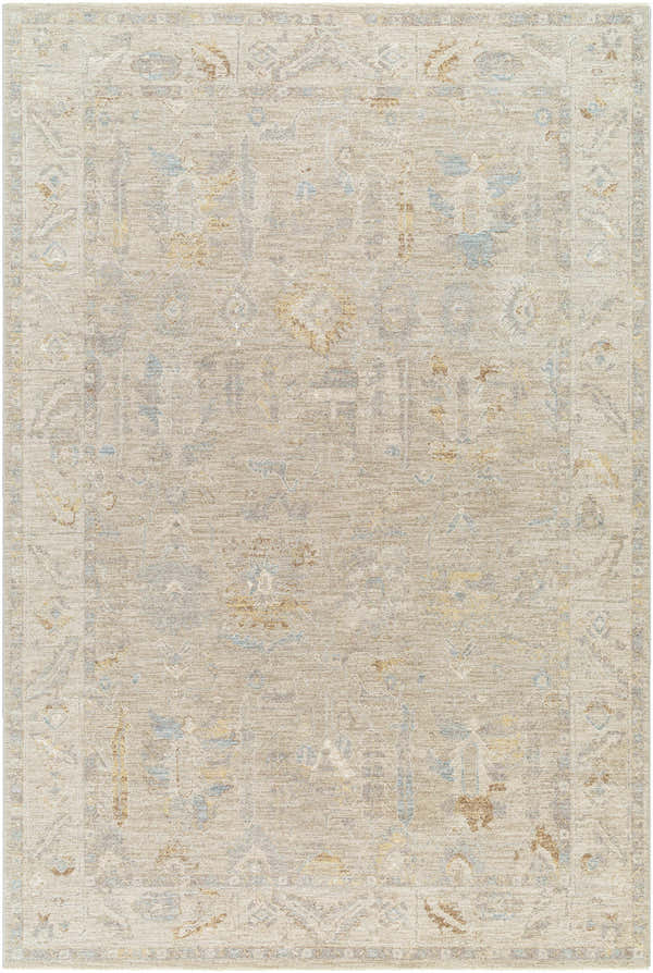 Close-up of the Ashra Thick Luxe Area Rug. Farmhouse style rug in cloud gray, light brown, and blue with a traditional border pattern. Design-Rectangle-6796