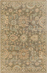 Detailed view of the Asotin Hand Knotted Wool Area Rug, featuring burnt orange, charcoal, mustard, olive, and seafoam tones. Design-Rectangle-5686