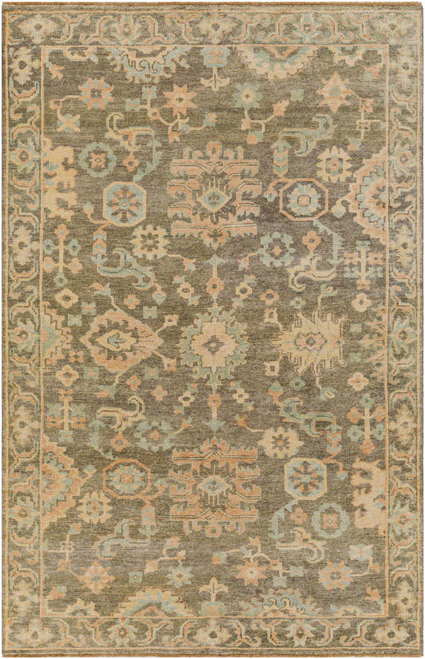Detailed view of the Asotin Hand Knotted Wool Area Rug, featuring burnt orange, charcoal, mustard, olive, and seafoam tones. Design-Rectangle-5686