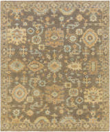 Detailed view of the Asotin hand knotted wool area rug with burnt orange, charcoal, mustard, and seafoam oriental design. Design-Rectangle-810