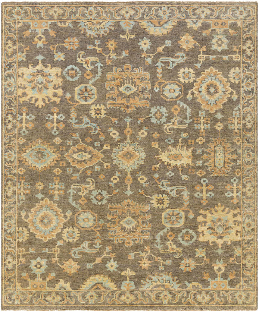 Detailed view of the Asotin hand knotted wool area rug with burnt orange, charcoal, mustard, and seafoam oriental design. Design-Rectangle-810