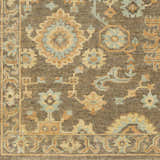 Close-up of the Asotin Hand Knotted Wool Area Rug showing burnt orange, charcoal, mustard, olive, and seafoam floral pattern. Swatch