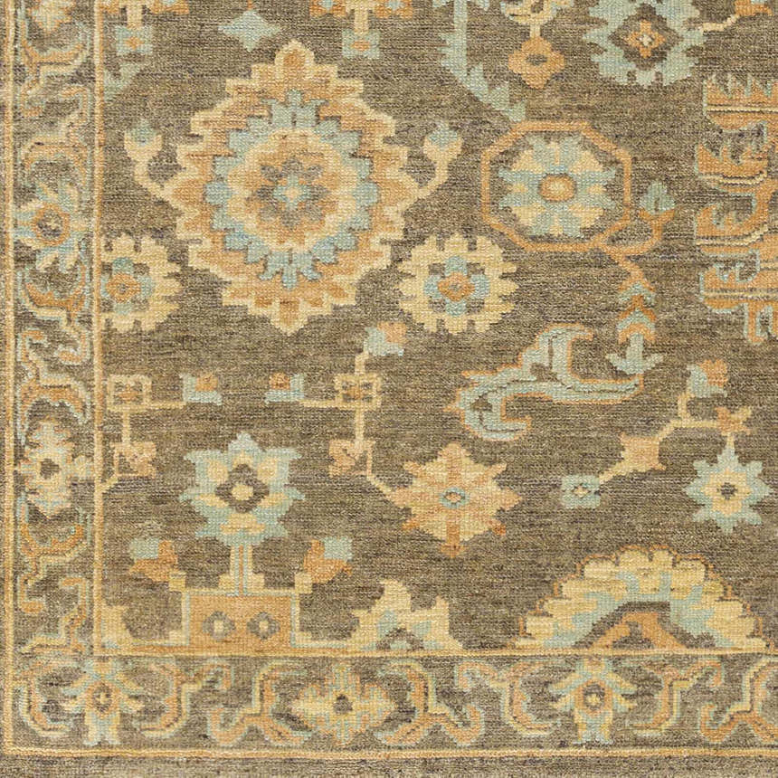 Close-up of the Asotin Hand Knotted Wool Area Rug showing burnt orange, charcoal, mustard, olive, and seafoam floral pattern. Swatch