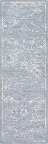 Close-up of Astatula Area Rug runner. Blue and ivory traditional floral pattern, machine woven. Design-Runner-27710