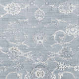 Close-up of Astatula Area Rug: blue, ice blue, and ivory floral pattern. Machine woven polypropylene rug. Swatch