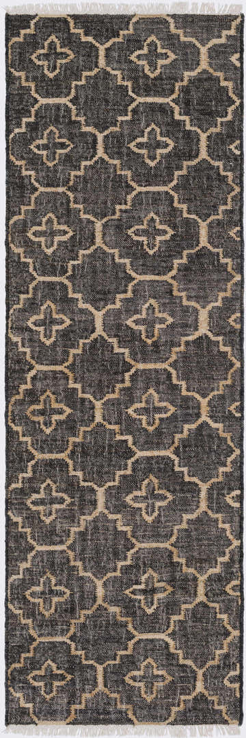 Close-up of Astoria Black&Tan Trellis Fringed Jute Carpet showing black jute and tan geometric trellis pattern. Design-Runner-268