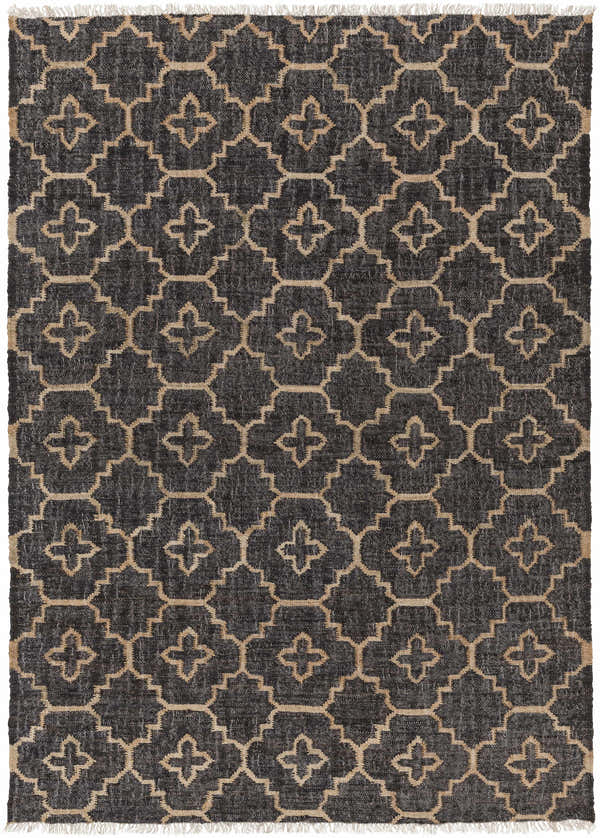 Close-up of the Astoria Black&Tan Trellis Fringed Jute Carpet, featuring a geometric trellis pattern and jute texture. Design-Rectangle-576