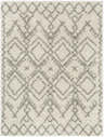 Close-up of the Atascadero Area Carpet: a cream shag rug with a gray geometric diamond pattern. Bohemian style. Design-Rectangle-527