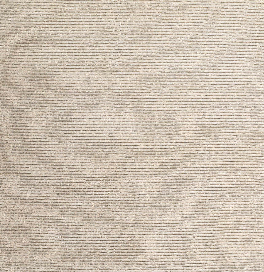 Close-up of the beige Atlas Carpet, featuring a subtle horizontal striped pattern and hand-knotted texture. Swatch