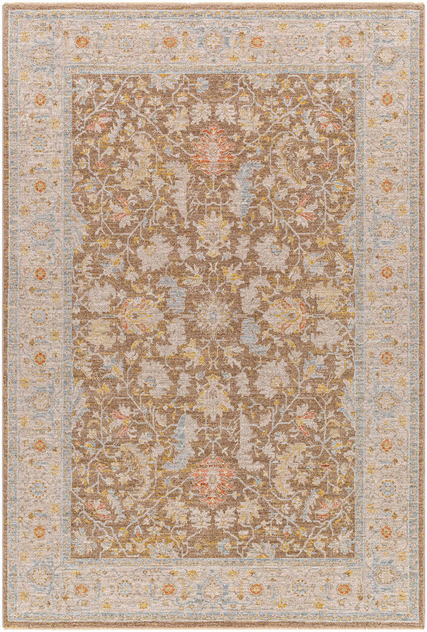 Detailed texture of the Atli Thick Luxe Area Rug in amber, brown, and dusty pink floral pattern. Design-Rectangle-575