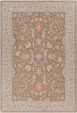 Close-up of the Atli Thick Luxe Area Rug. Traditional floral pattern in amber, dark brown, dusty pink, and light olive. Design-Rectangle-6796
