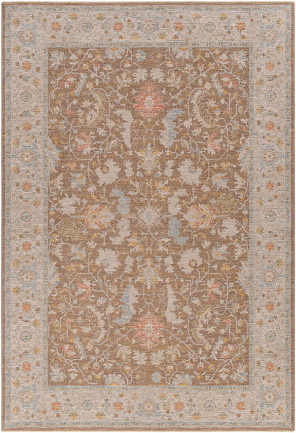 Close-up of the Atli Thick Luxe Area Rug. Traditional floral pattern in amber, dark brown, dusty pink, and light olive. Design-Rectangle-6796