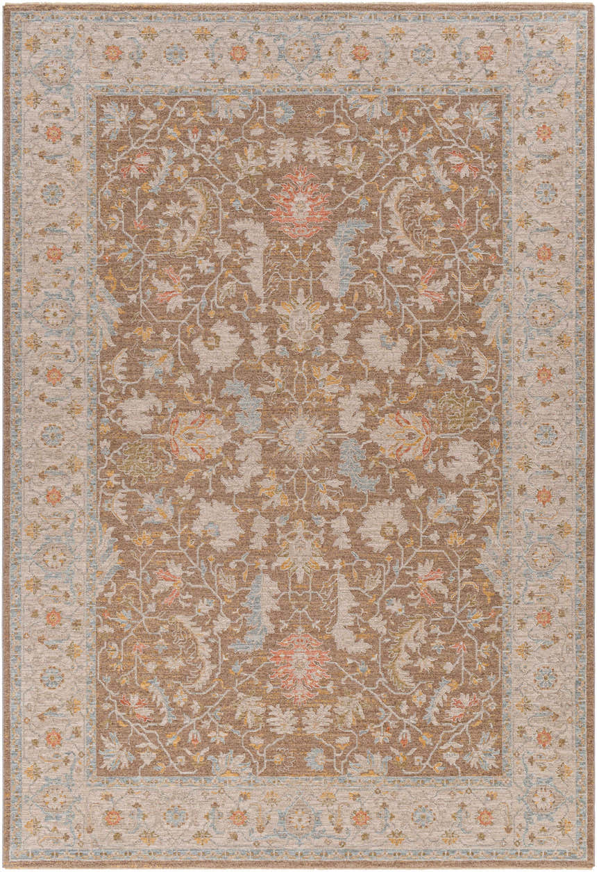 Close-up of the Atli Thick Luxe Area Rug. Traditional floral pattern in amber, dark brown, dusty pink, and light olive. Design-Rectangle-6796