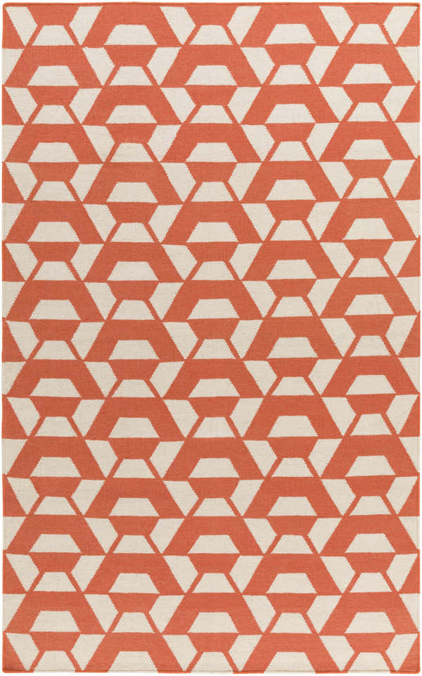 Close-up of the Atterbury Area Carpet. Hand-woven wool rug with a coral and cream geometric pattern. Contemporary style. Design-Rectangle-576
