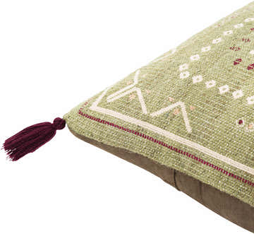 Savera Dusty Sage Organic Woven Textured Global Bohemian Wool Accent Pillow with Knotted Tassels