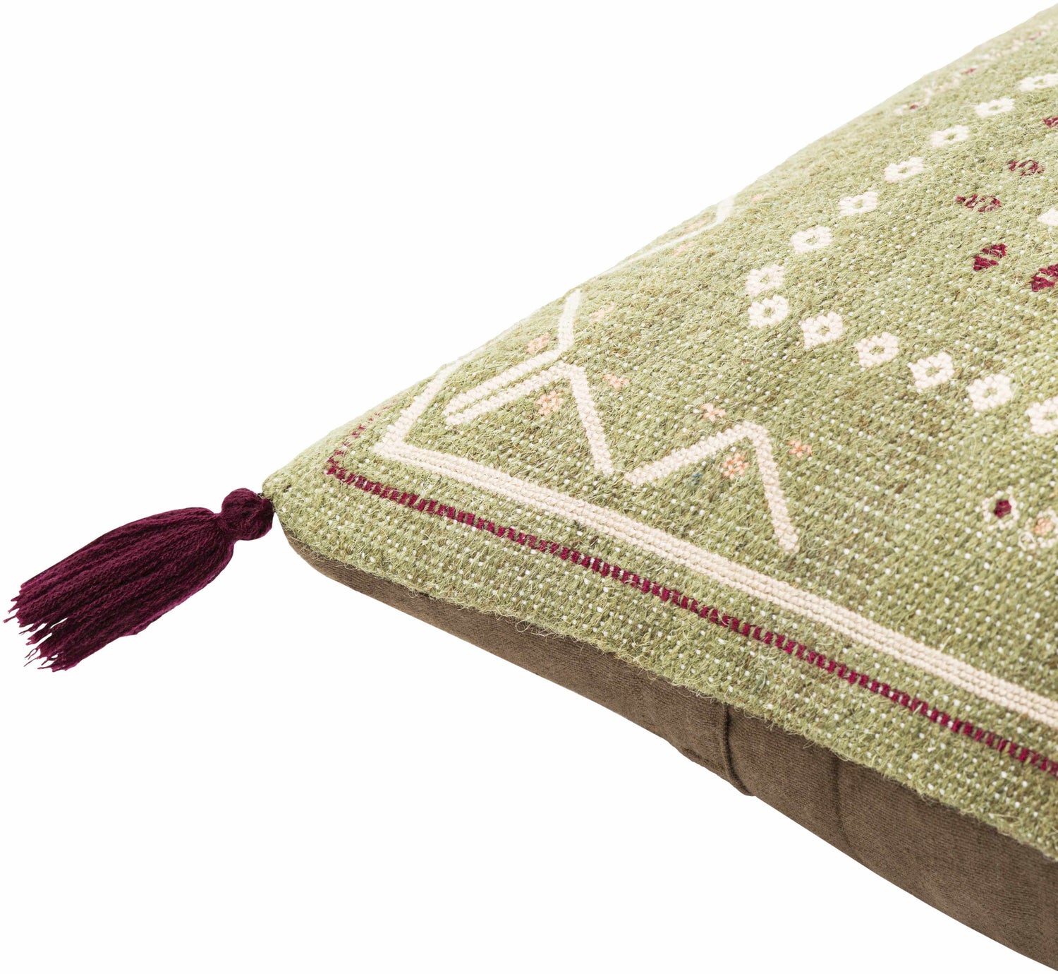 Savera Dusty Sage Organic Woven Textured Global Bohemian Wool Accent Pillow with Knotted Tassels