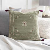 Savera Dusty Sage Organic Woven Textured Global Bohemian Wool Accent Pillow with Knotted Tassels