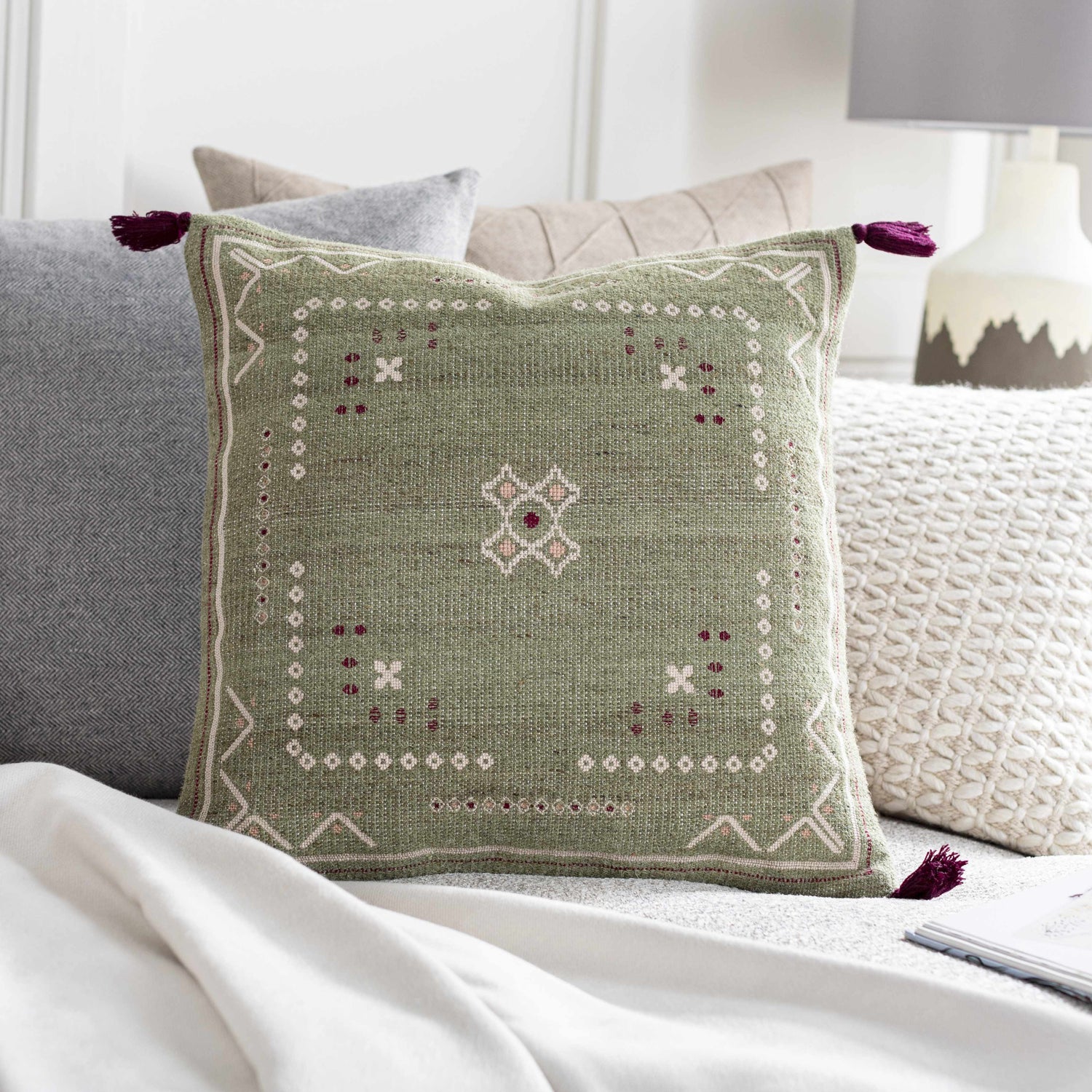 Savera Dusty Sage Organic Woven Textured Global Bohemian Wool Accent Pillow with Knotted Tassels