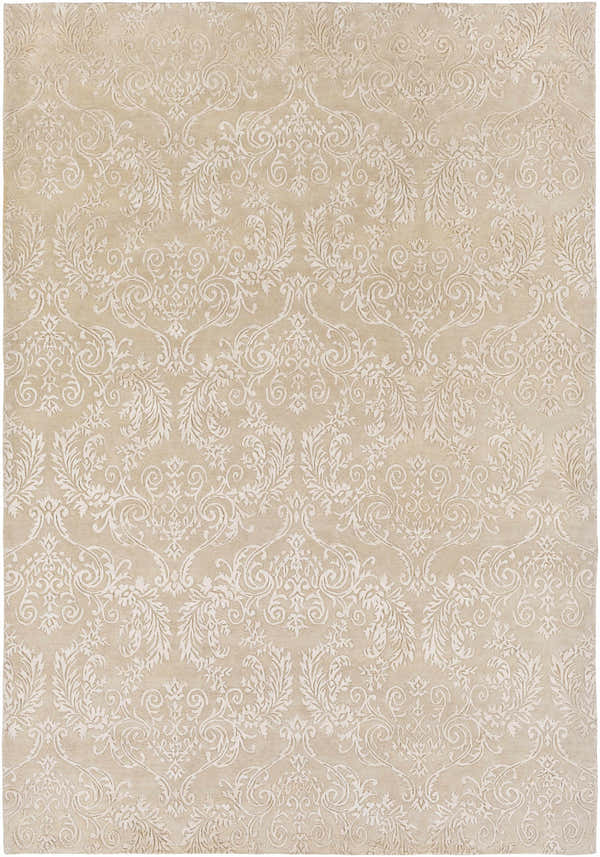 Close-up of the taupe Aubrey Area Rug featuring a traditional, hand-knotted damask pattern. Wool and viscose blend. Design-Rectangle