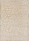 Close-up of the taupe Aubrey Area Rug featuring a traditional, hand-knotted damask pattern. Wool and viscose blend. Design-Rectangle
