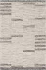 Close-up of the Auchinleck Area Rug. Hand-woven wool and viscose rug with a charcoal and cream geometric pattern. Design-Rectangle-576