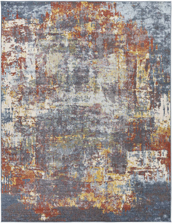 Close-up of the Auckley Colorful Abstract Area Rug. Features brick red, charcoal, cream, and blue hues in a contemporary design. Design-Rectangle-710103