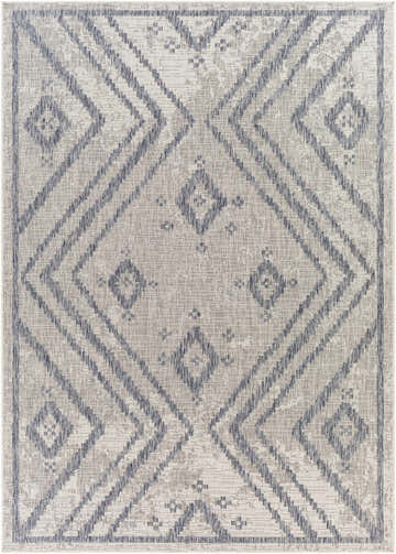 Close-up of Auckland Indoor & Outdoor Rug featuring a geometric diamond pattern in dark gray and natural gray. Design-Rectangle-537