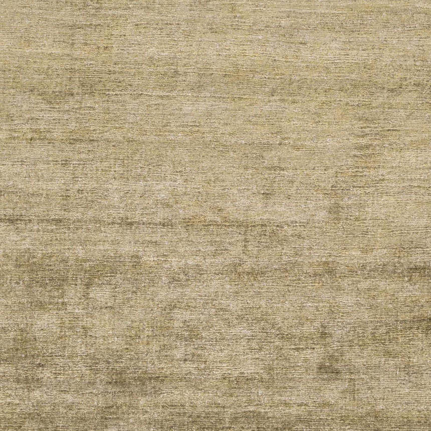 Close-up of the Aumsville Area Rug, olive green viscose with a subtle, textured hand-woven design. Swatch