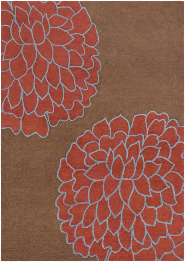 Close-up of the Avella Area Rug. Features a brown background with large burgundy floral patterns outlined in blue. Design-Rectangle-913