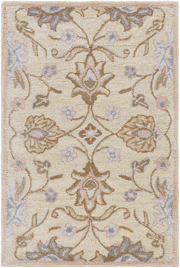 Close-up of the Conesus Hand Tufted Ivory 1109 Wool Rug. Features a floral pattern in ivory, brown, lavender, and denim. Design-Rectangle-23