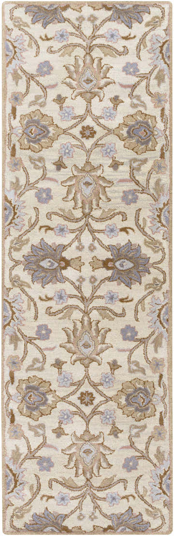 Close-up of the Conesus Hand Tufted Ivory 1109 Wool Rug featuring a floral pattern in ivory, brown, lavender, and taupe. Design-Runner-268