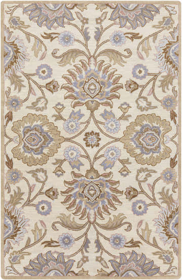 Detailed floral pattern on the ivory Conesus Hand Tufted Wool Rug. Brown, lavender, and taupe accents. Design-Rectangle-58