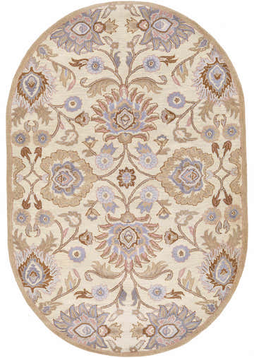 Oval Conesus Hand Tufted Ivory Wool Rug with a traditional floral design in ivory, brown, lavender, and light brown hues. Design-Oval-69