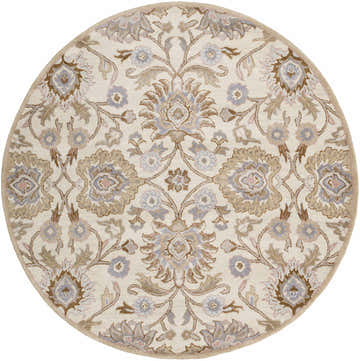 Close-up of the round Conesus Hand Tufted Ivory Wool Rug. Features a traditional floral pattern in ivory, brown, and lavender. Design-Round-6
