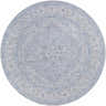 Close-up of the round Earlsfield rug. Luxe statement rug in blue, gray, and white with an oriental pattern. Design-Round