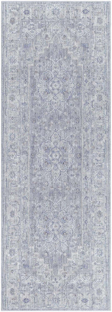 Close-up of the Earlsfield rug. Traditional oriental pattern in shades of blue, gray, and white. Machine woven texture. Design-Runner-287